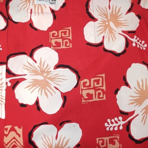 Teahupoo Tahiti Hawaiian island floral short sleeves button red shirt Size: 2XL - Picture 3 of 6